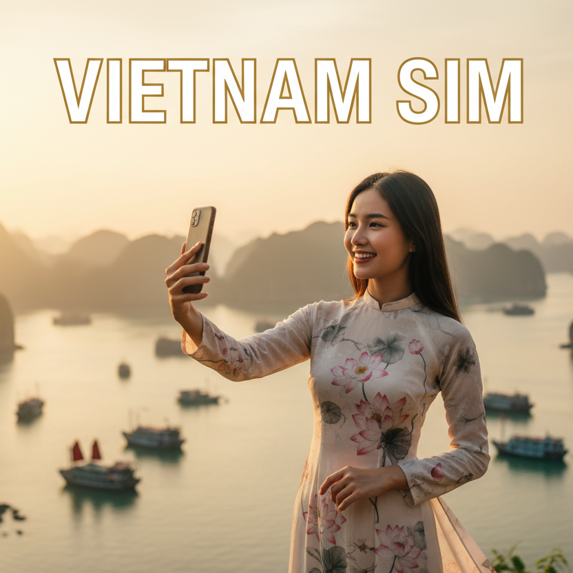 A BEAUTIFUL LADY USING MOBILE PHONE IN FRONT OF FAMOUS AND BEAUTIFUL PLACE IN VIETNAM. ADD "VIETNAM SIM" AS HEADING.